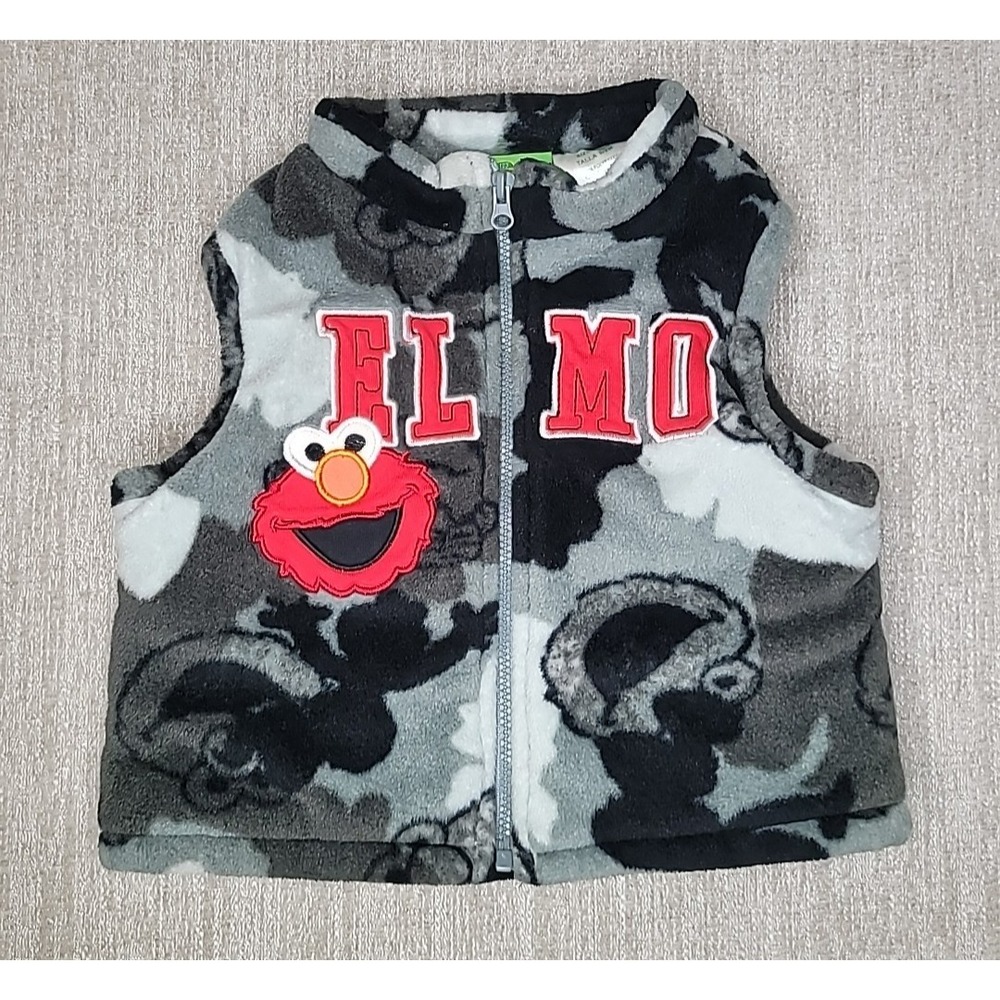 Sesame‎ Street Elmo Zip Up Sweater Vest Size 6/9M Gray Camo Pattern Jacket EUC